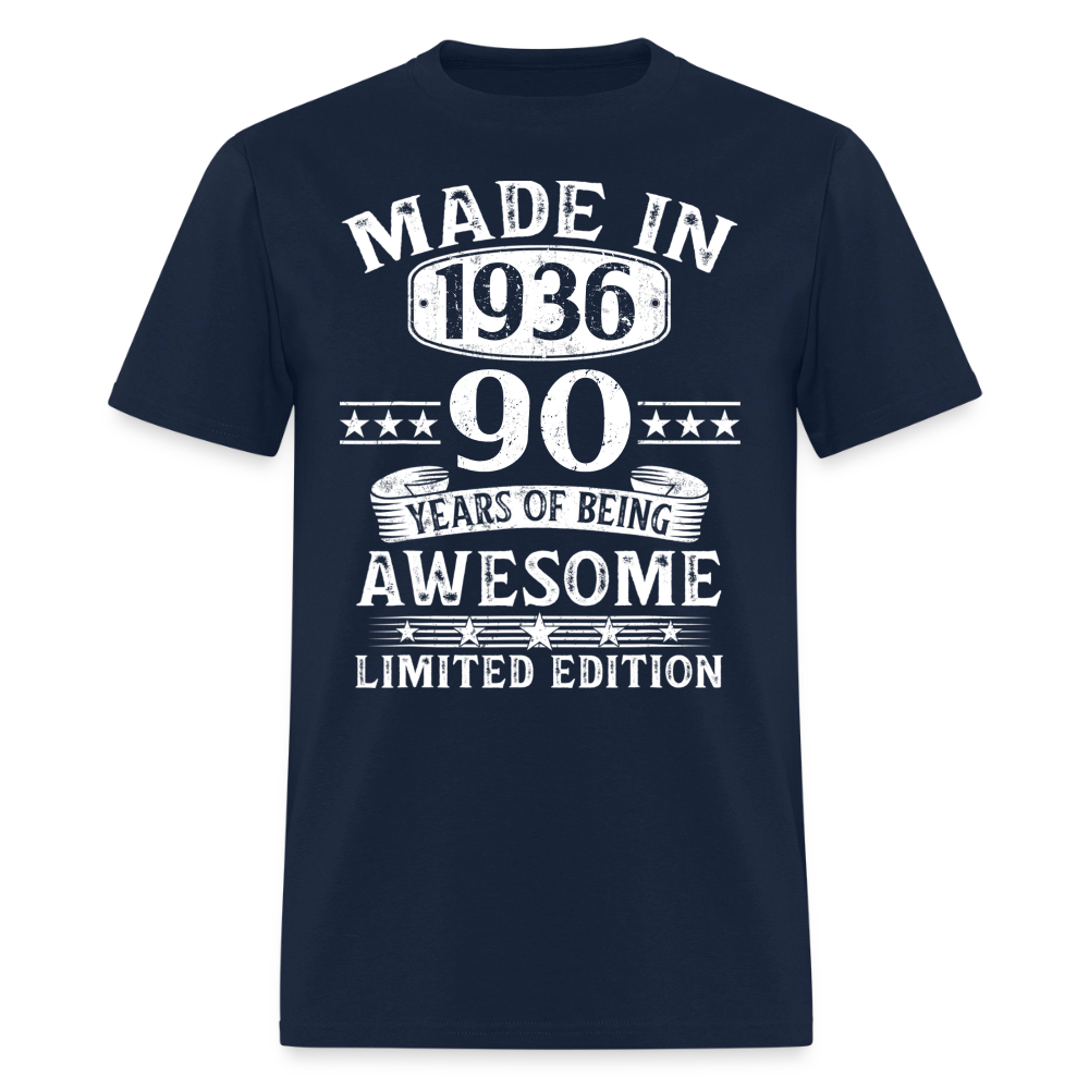 90th Birthday Made In 1936 90 Years Of Being Awesome Limited Edition T-Shirt - navy
