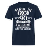 90th Birthday Made In 1936 90 Years Of Being Awesome Limited Edition T-Shirt - navy