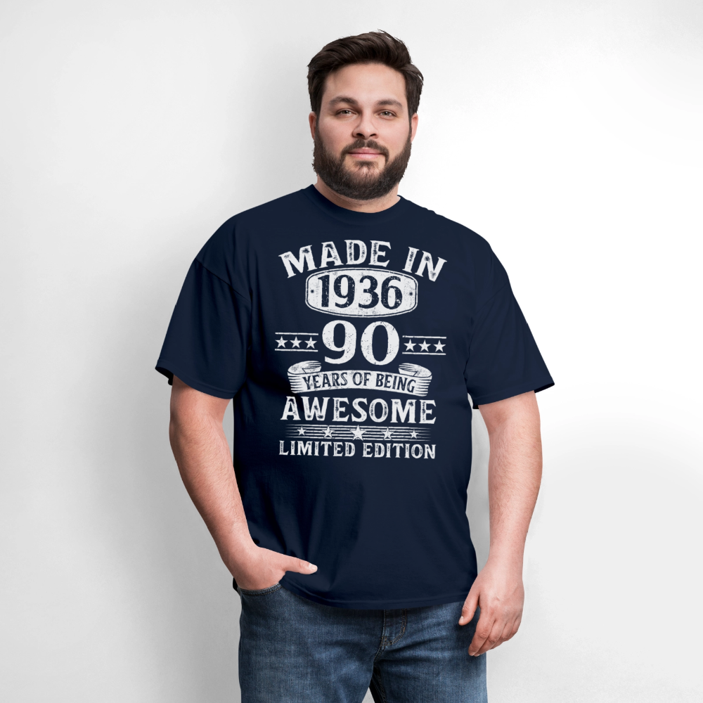 90th Birthday Made In 1936 90 Years Of Being Awesome Limited Edition T-Shirt - navy