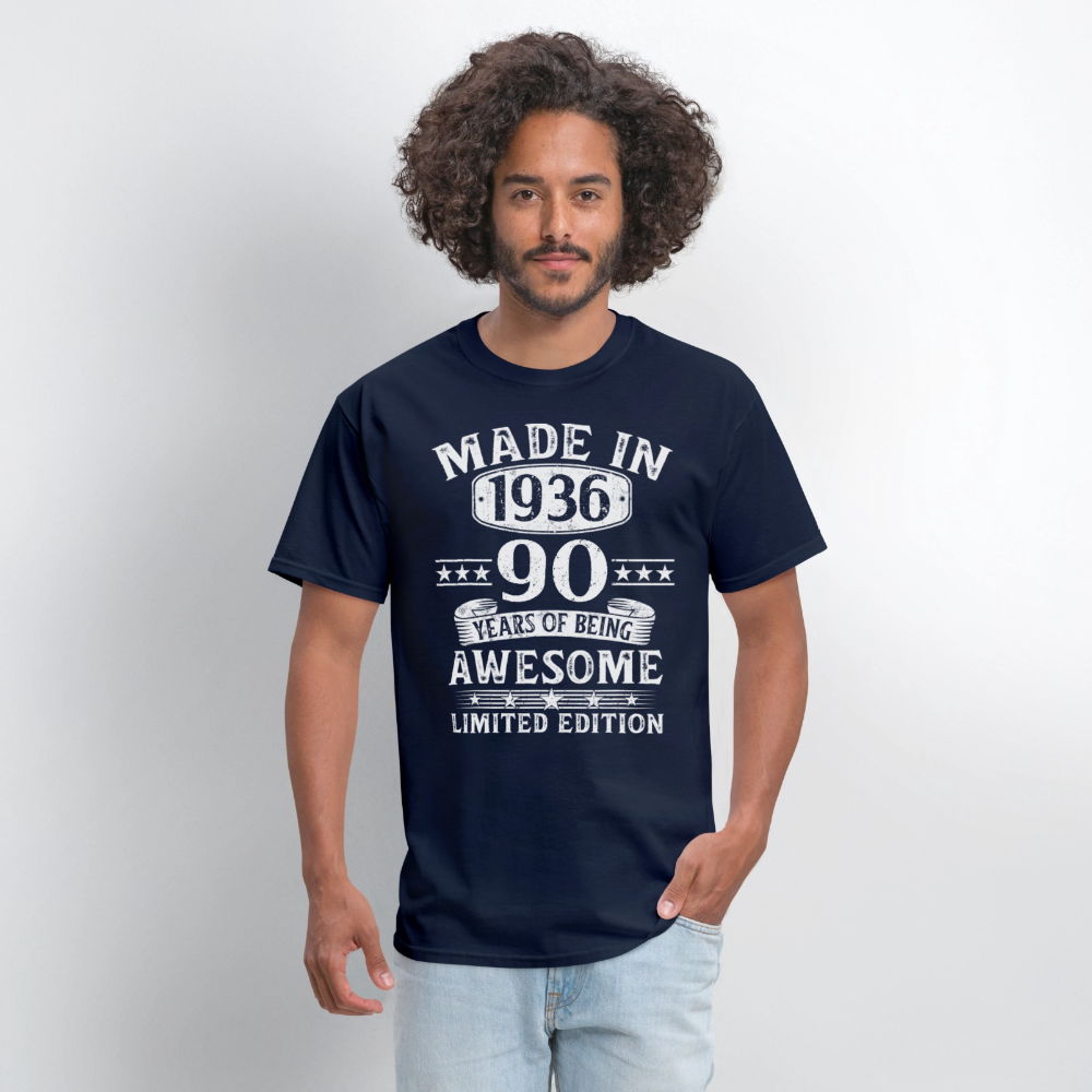 90th Birthday Made In 1936 90 Years Of Being Awesome Limited Edition T-Shirt - navy