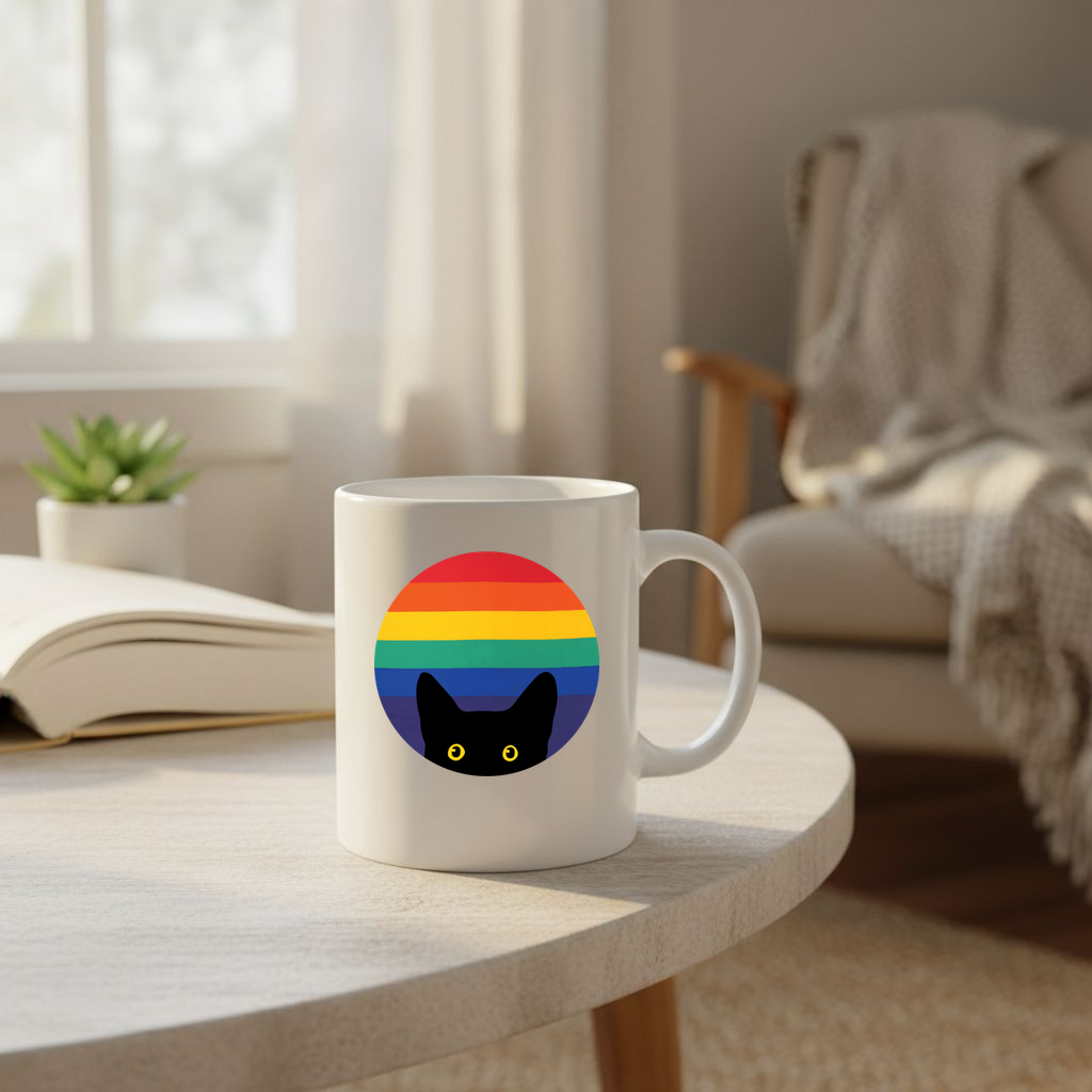 Peeking Cat In Rainbow Circle - 11Oz